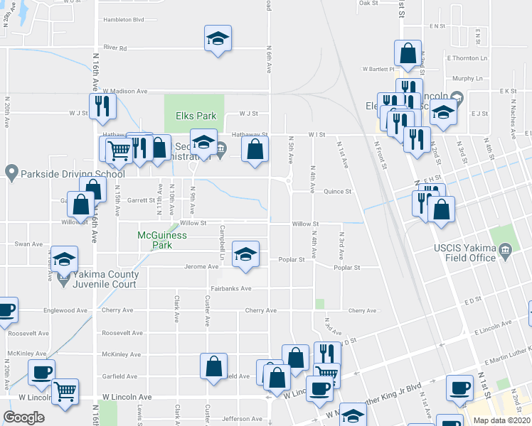 map of restaurants, bars, coffee shops, grocery stores, and more near 1105 Willow Street in Yakima