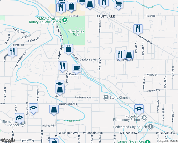 map of restaurants, bars, coffee shops, grocery stores, and more near 3400-3498 Powerhouse Road in Yakima