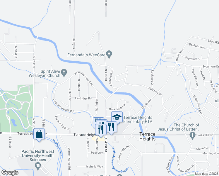 map of restaurants, bars, coffee shops, grocery stores, and more near 4208 East Hillcrest Drive in Yakima