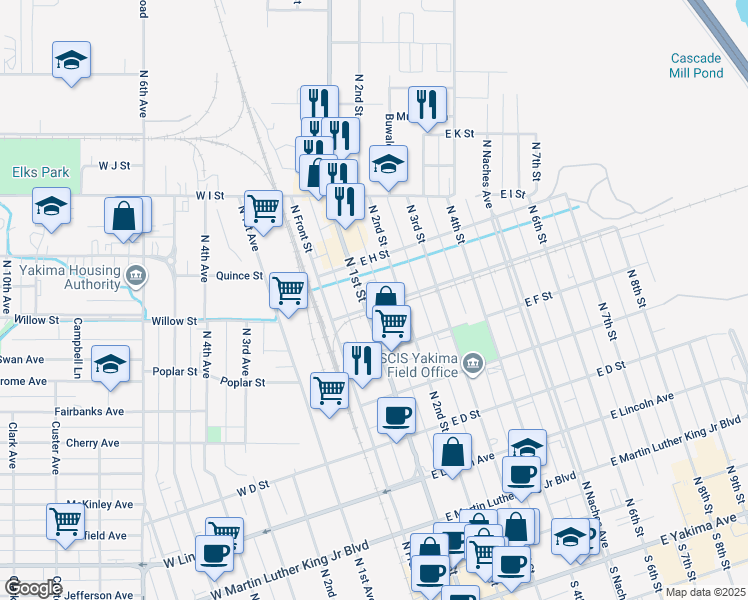 map of restaurants, bars, coffee shops, grocery stores, and more near 101 East G Street in Yakima