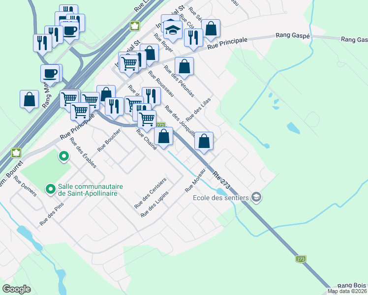map of restaurants, bars, coffee shops, grocery stores, and more near 389 Route 273 in Saint-Apollinaire