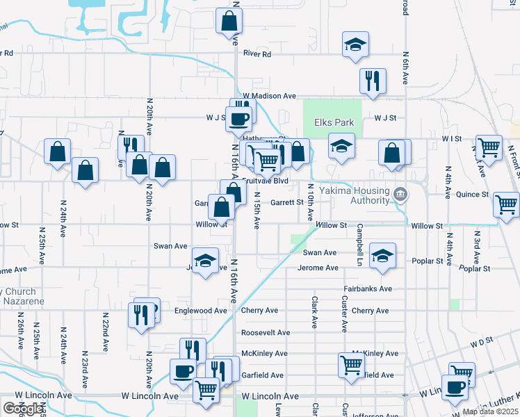 map of restaurants, bars, coffee shops, grocery stores, and more near 802 North 15th Avenue in Yakima