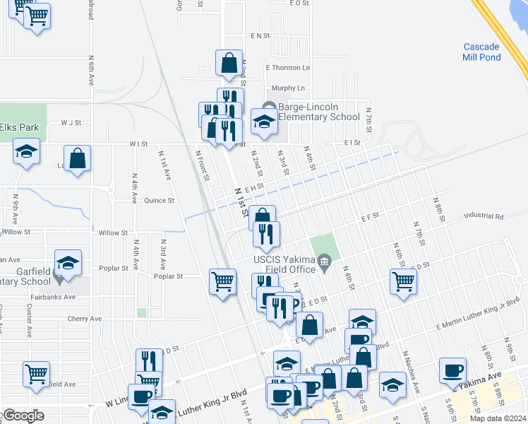 map of restaurants, bars, coffee shops, grocery stores, and more near 101 East G Street in Yakima
