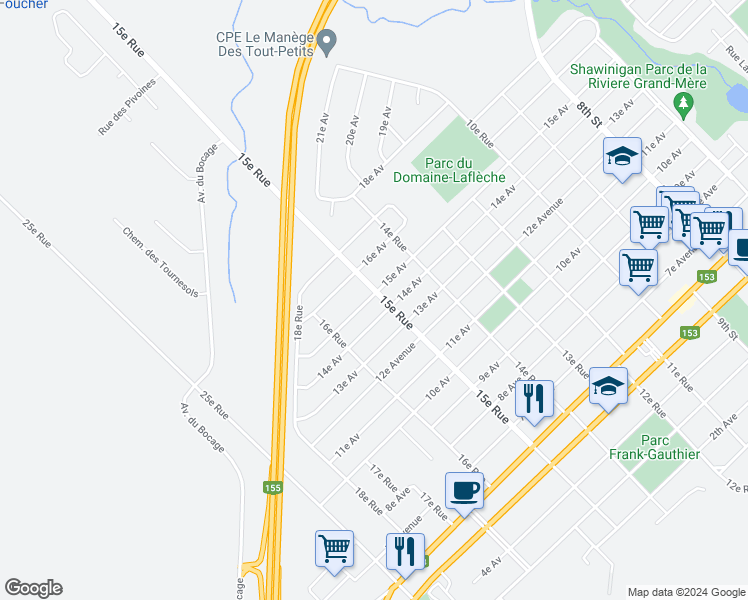 map of restaurants, bars, coffee shops, grocery stores, and more near 1501 15e Av in Shawinigan
