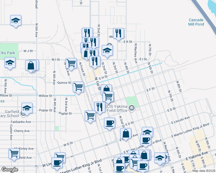 map of restaurants, bars, coffee shops, grocery stores, and more near 101 East G Street in Yakima