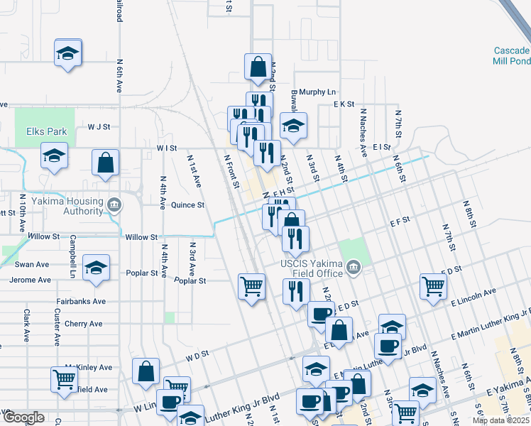 map of restaurants, bars, coffee shops, grocery stores, and more near 710 North 1st Street in Yakima