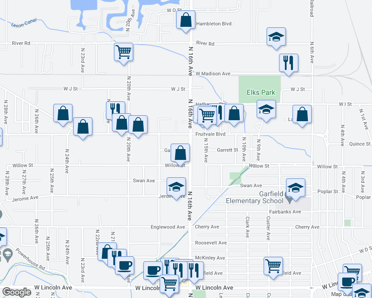 map of restaurants, bars, coffee shops, grocery stores, and more near 814 North 16th Avenue in Yakima