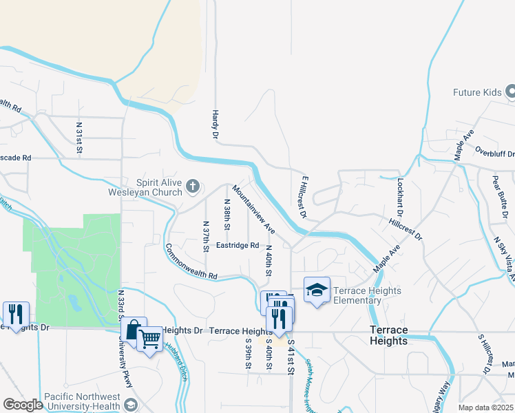 map of restaurants, bars, coffee shops, grocery stores, and more near 3905 Mountainview Avenue in Yakima
