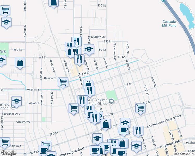 map of restaurants, bars, coffee shops, grocery stores, and more near 711 North 2nd Street in Yakima
