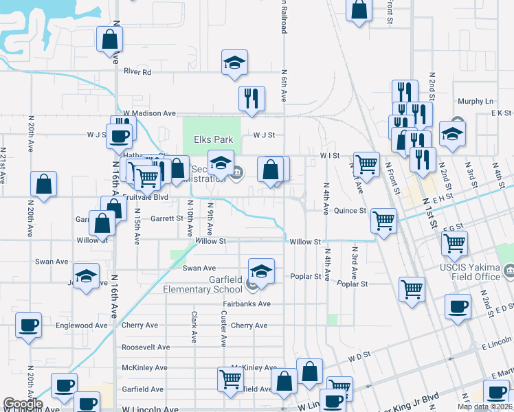 map of restaurants, bars, coffee shops, grocery stores, and more near 1116 Fruitvale Boulevard in Yakima