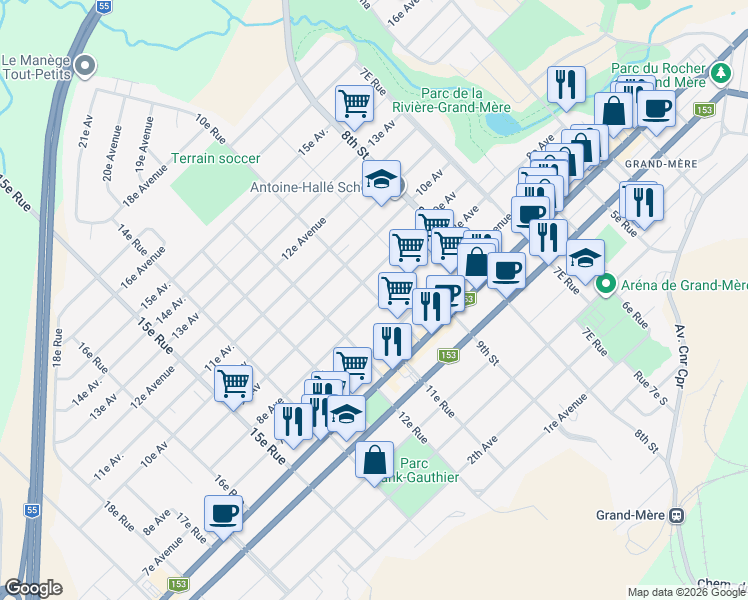 map of restaurants, bars, coffee shops, grocery stores, and more near 801 10e Rue in Shawinigan