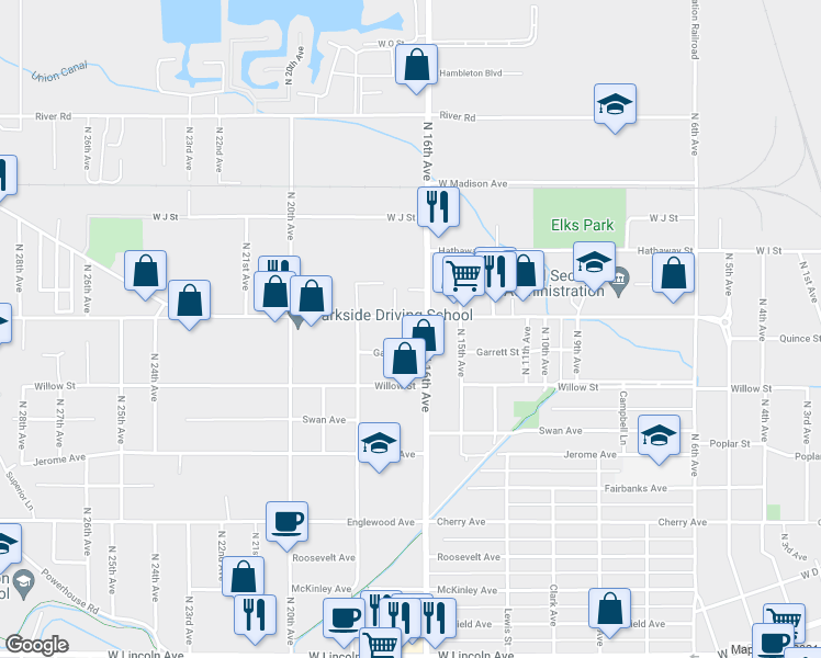 map of restaurants, bars, coffee shops, grocery stores, and more near 1606 Fruitvale Boulevard in Yakima