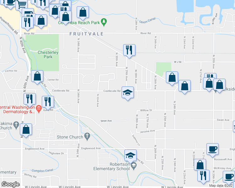map of restaurants, bars, coffee shops, grocery stores, and more near 2908 Castlevale Road in Yakima
