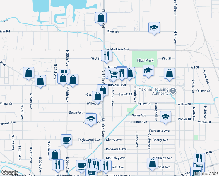 map of restaurants, bars, coffee shops, grocery stores, and more near 1500-1504 Fruitvale Boulevard in Yakima