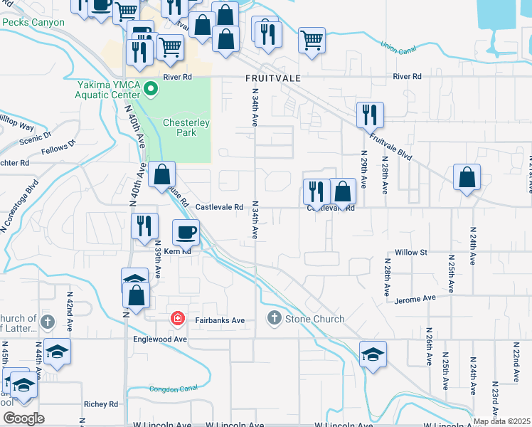 map of restaurants, bars, coffee shops, grocery stores, and more near 3306 Castlevale Road in Yakima