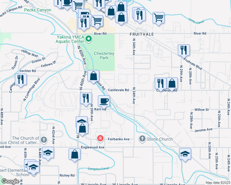 map of restaurants, bars, coffee shops, grocery stores, and more near 3514 Castlevale Road in Yakima