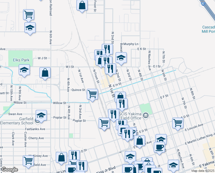 map of restaurants, bars, coffee shops, grocery stores, and more near 804 North 1st Street in Yakima