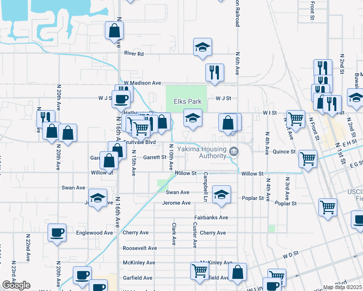 map of restaurants, bars, coffee shops, grocery stores, and more near 1220 Fruitvale Boulevard in Yakima