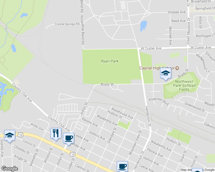 map of restaurants, bars, coffee shops, grocery stores, and more near 1803 Brady Street in Helena