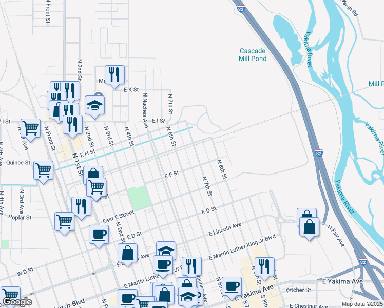 map of restaurants, bars, coffee shops, grocery stores, and more near 610 North 7th Street in Yakima