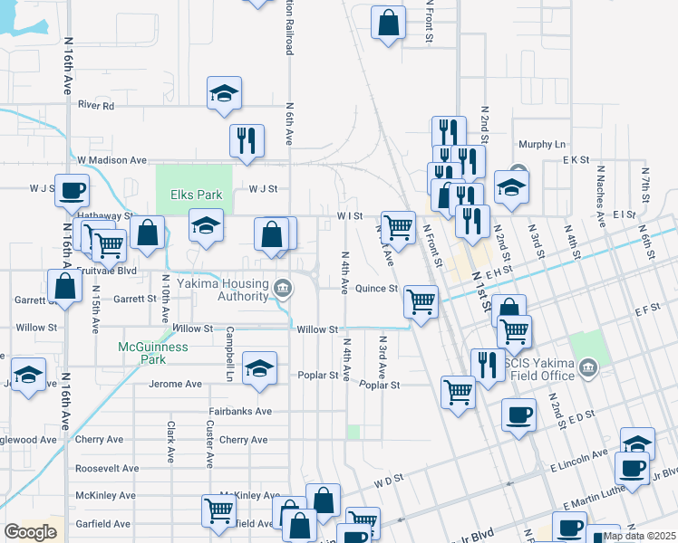 map of restaurants, bars, coffee shops, grocery stores, and more near 908 N 4th Ave in Yakima