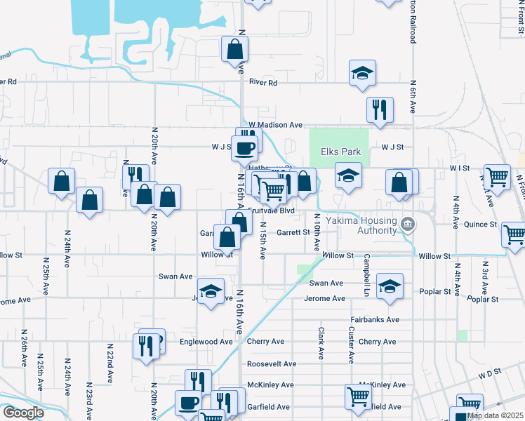 map of restaurants, bars, coffee shops, grocery stores, and more near 1500 Fruitvale Boulevard in Yakima
