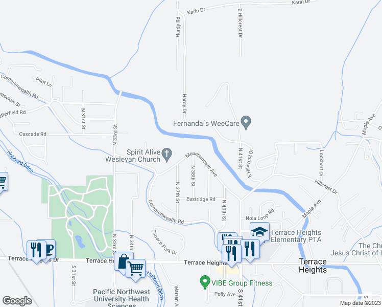 map of restaurants, bars, coffee shops, grocery stores, and more near 3704 Mountainview Avenue in Yakima