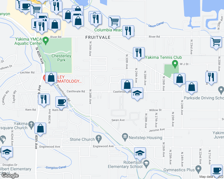 map of restaurants, bars, coffee shops, grocery stores, and more near 3107 Castlevale Road in Yakima