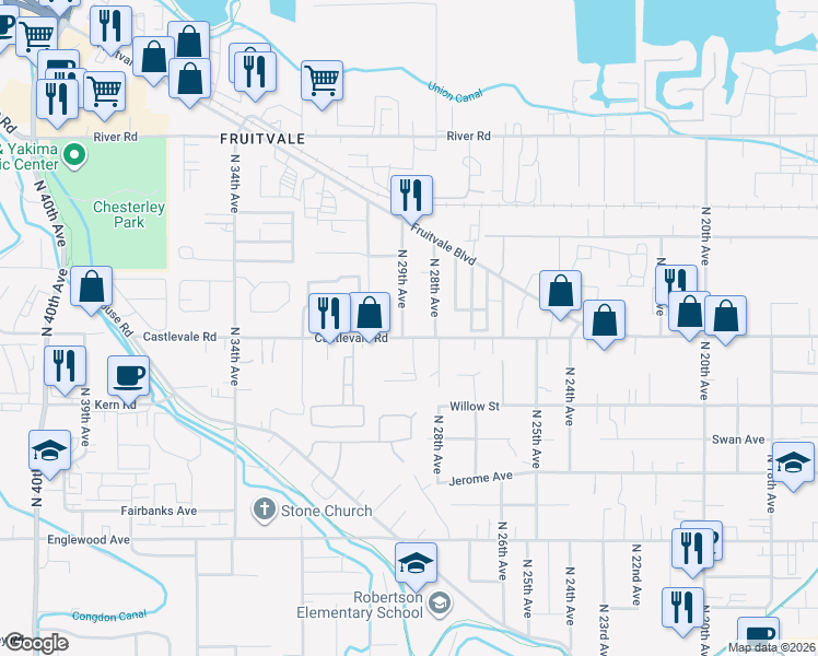 map of restaurants, bars, coffee shops, grocery stores, and more near 2813 Castlevale Road in Yakima
