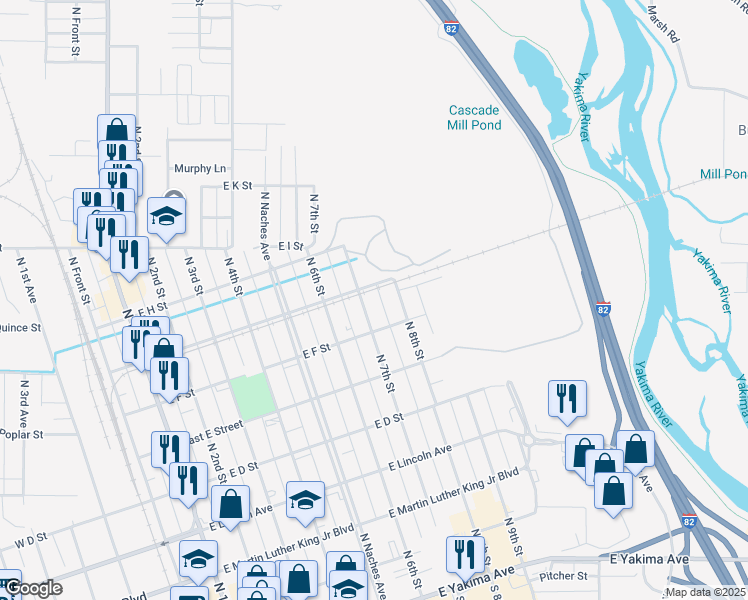 map of restaurants, bars, coffee shops, grocery stores, and more near 610 North 7th Street in Yakima