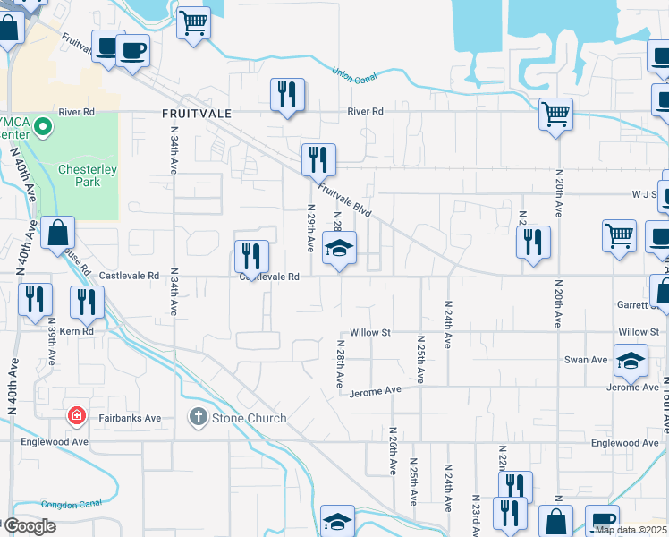 map of restaurants, bars, coffee shops, grocery stores, and more near 2862 Castlevale Rd in Yakima