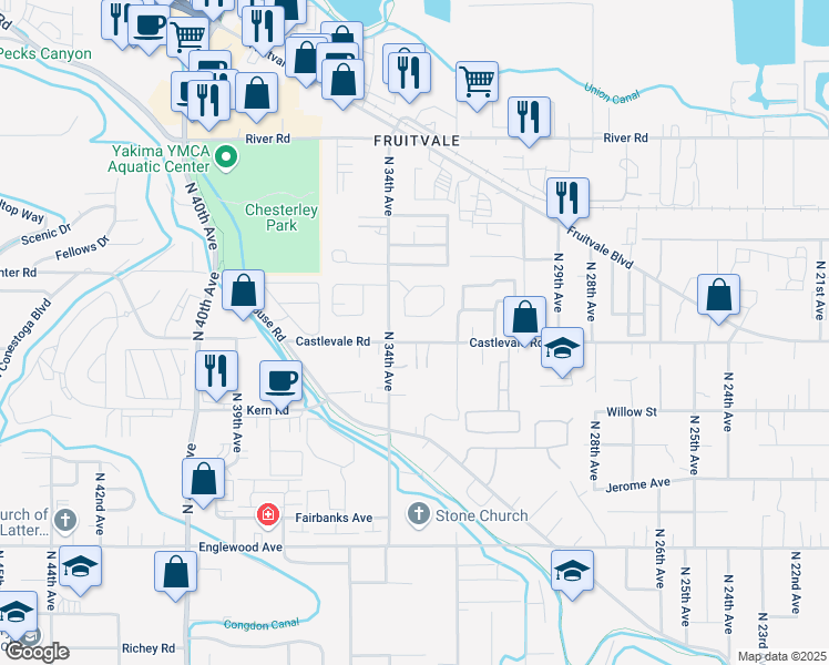 map of restaurants, bars, coffee shops, grocery stores, and more near 3306 Castlevale Road in Yakima