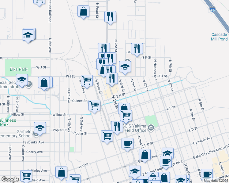 map of restaurants, bars, coffee shops, grocery stores, and more near 804 North 1st Street in Yakima
