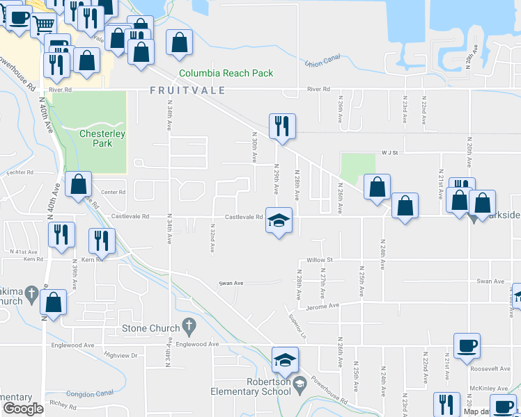 map of restaurants, bars, coffee shops, grocery stores, and more near 2908 Castlevale Road in Yakima