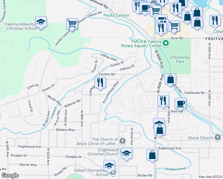 map of restaurants, bars, coffee shops, grocery stores, and more near 901 Conestoga Boulevard in Yakima