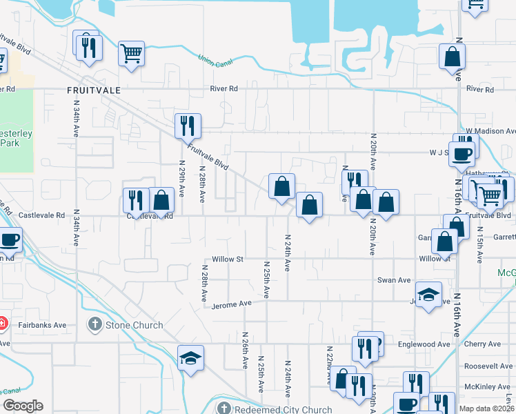 map of restaurants, bars, coffee shops, grocery stores, and more near 2508 Castlevale Road in Yakima