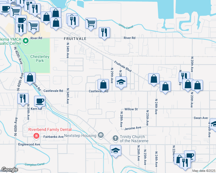 map of restaurants, bars, coffee shops, grocery stores, and more near 2813 Castlevale Road in Yakima