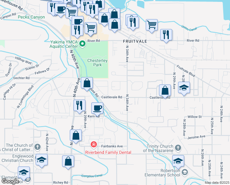map of restaurants, bars, coffee shops, grocery stores, and more near 3510-3514 Castlevale Road in Yakima