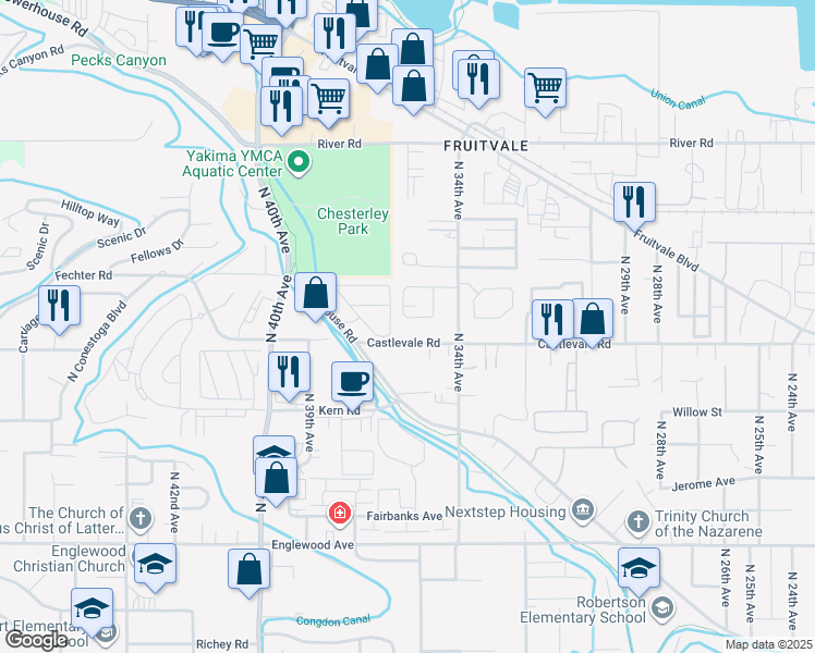 map of restaurants, bars, coffee shops, grocery stores, and more near 3510-3514 Castlevale Road in Yakima