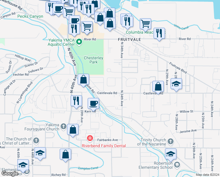map of restaurants, bars, coffee shops, grocery stores, and more near 3519 Cascade Loop in Yakima