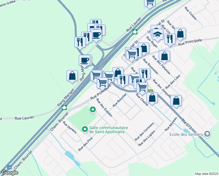 map of restaurants, bars, coffee shops, grocery stores, and more near 141 Rue Principale in Saint-Apollinaire