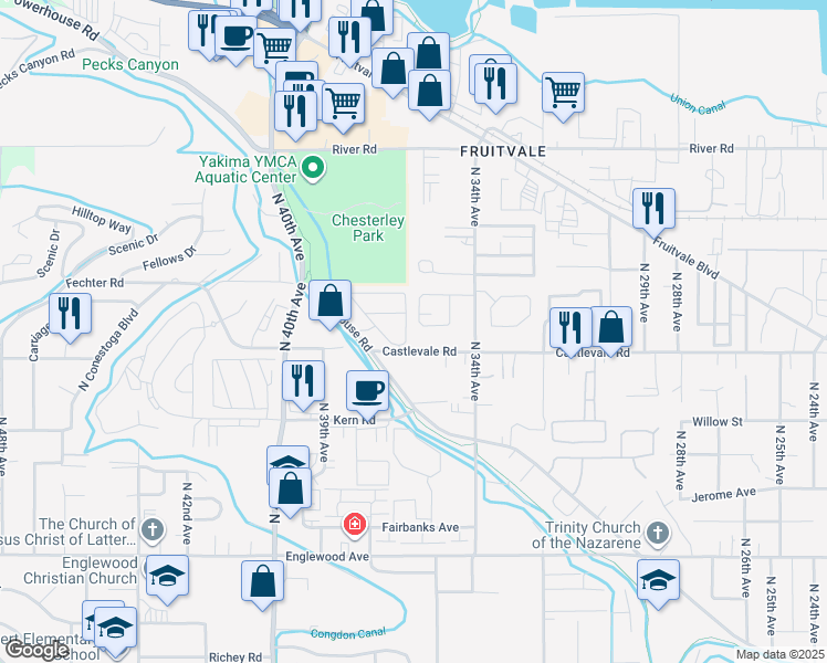 map of restaurants, bars, coffee shops, grocery stores, and more near 3510-3514 Castlevale Road in Yakima