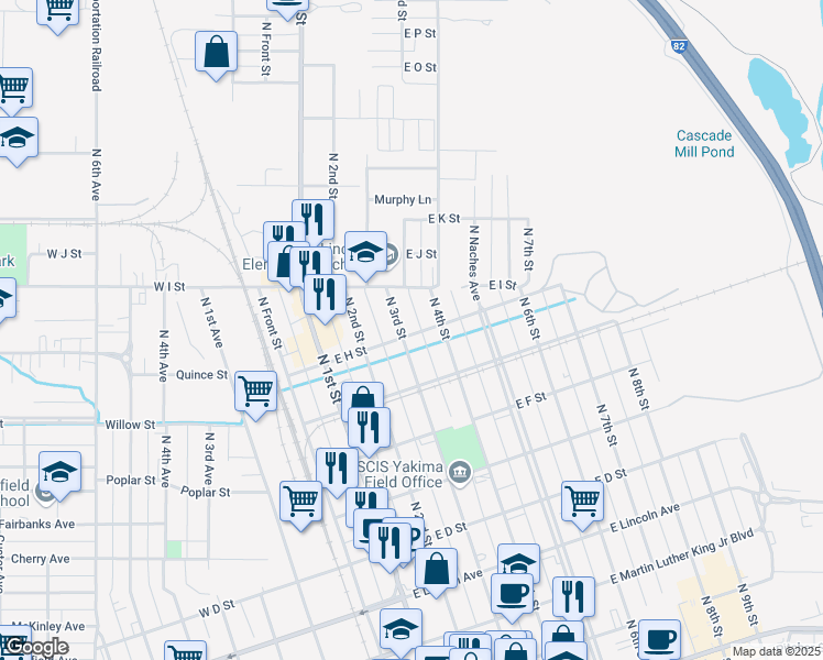 map of restaurants, bars, coffee shops, grocery stores, and more near 801 North 3rd Street in Yakima