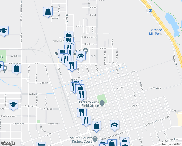 map of restaurants, bars, coffee shops, grocery stores, and more near 707 North 3rd Street in Yakima