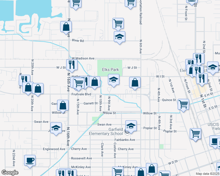 map of restaurants, bars, coffee shops, grocery stores, and more near 1220 Fruitvale Blvd in Yakima