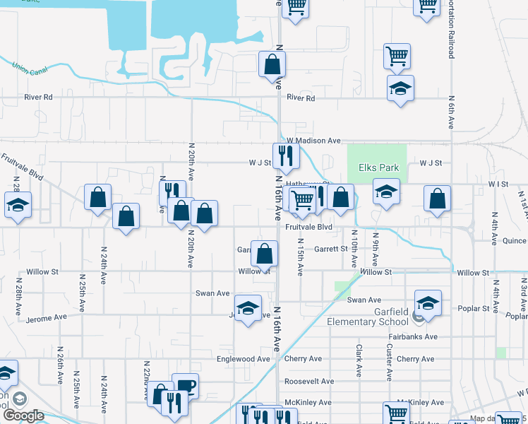 map of restaurants, bars, coffee shops, grocery stores, and more near 1606 Fruitvale Boulevard in Yakima