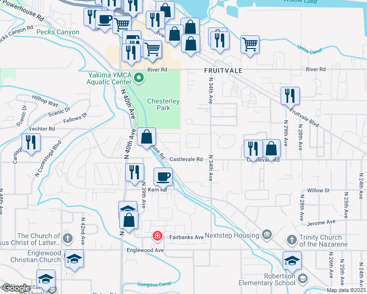 map of restaurants, bars, coffee shops, grocery stores, and more near 3517 Cascade Loop in Yakima