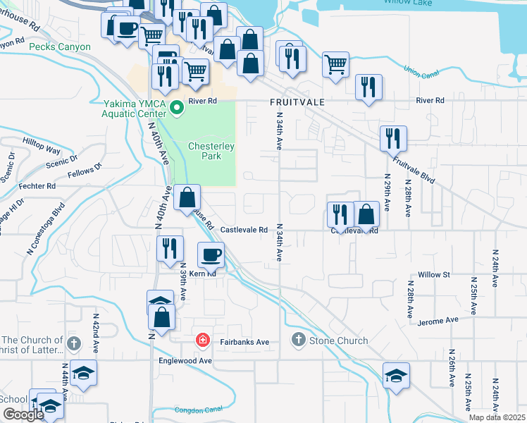 map of restaurants, bars, coffee shops, grocery stores, and more near Cascade Loop in Yakima