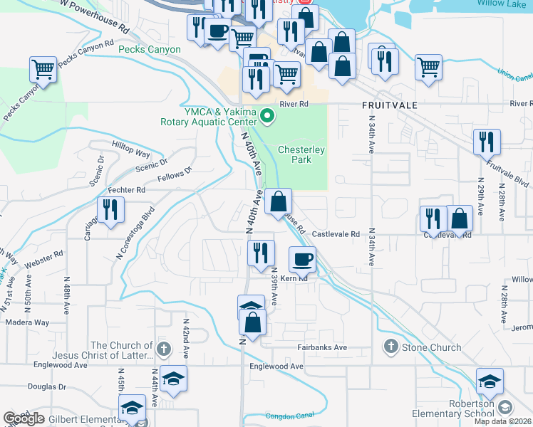 map of restaurants, bars, coffee shops, grocery stores, and more near 3911 Castlevale Road in Yakima