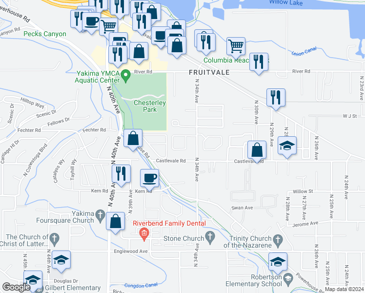 map of restaurants, bars, coffee shops, grocery stores, and more near 3412 Cascade Loop in Yakima